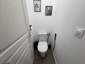 a bathroom with a toilet with three pictures on the wall at L Experience Bressane 2 in Saint-Trivier-de-Courtes