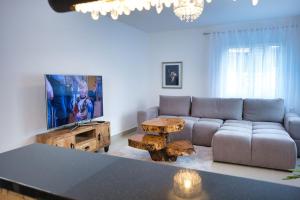 un salon avec un canapé et une table dans l'établissement Modern Station Apartment Mhlin, à Möhlin