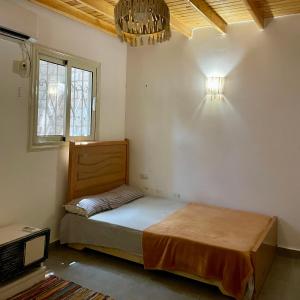 a bedroom with a bed and a chandelier at Amir House cozy studio in Dahab