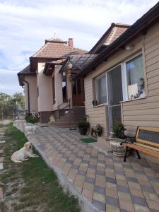 a dog laying on the grass in front of a house at ARIANA home in Turda