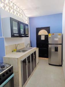 a kitchen with a refrigerator and a sink and a stove at Apartamentos Erica 303 en el Centro histórico de Santa Marta in Santa Marta
