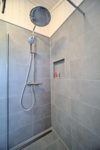 a shower with a shower head in a bathroom at Lille Traehus in Dreschvitz +22 photos