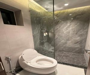 a bathroom with a toilet and a shower at Hoang Long Hotel in Mộ Ðức +24 photos