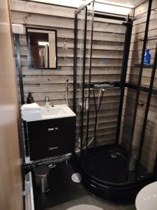 un bagno con doccia e lavandino di Kotatieva Resort a Rovaniemi Altre 26 foto