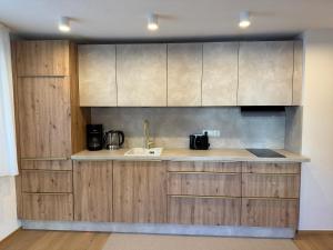 a kitchen with wooden cabinets and a sink at Appartement Wilhelm in Ehrwald +13 photos