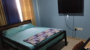 a bedroom with a bed with a flat screen tv at Nonkar Lodge & Foods in Accra