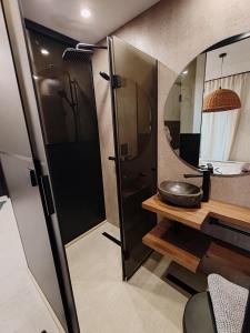 a bathroom with a shower and a sink and a mirror at SOHO apartments in Burgas