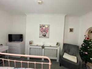un salon avec un sapin de Noël et une chaise dans l'établissement Chic & Cosy Studio Apartment, à Southampton
