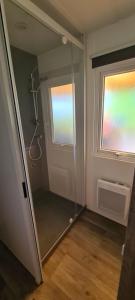 ein Badezimmer mit Dusche und Glastür in der Unterkunft Melfloto in Parentis-en-Born