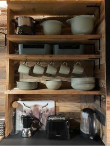 a shelf with dishes and utensils in a kitchen at Charming studio with terrace and garden in Praz-sur-Arly
