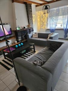 a living room with a couch and a flat screen tv at Bianca's vakantiehuis in Aan de Wolfsberg