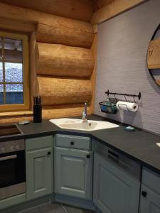 a kitchen with a sink and a counter top at Ferienhaus Waldruhe in Hellenthal +37 photos