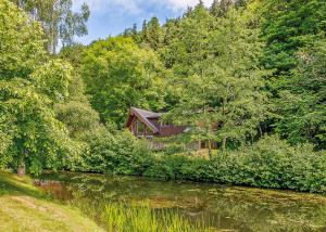 een huis in het bos naast een rivier bij Penvale Lakes Lodges in Llangollen
