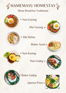 un menu de plats sur fond blanc dans l'établissement Hamemayu Homestay Relaxing Stay Near Nature, à Jejeran