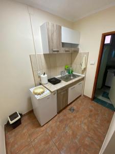 eine kleine Küche mit Spüle und Herd in der Unterkunft Aparmani i sobe Cvetkovic in Sokobanja