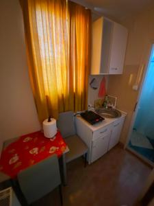 eine kleine Küche mit Tisch und Spüle in der Unterkunft Aparmani i sobe Cvetkovic in Sokobanja