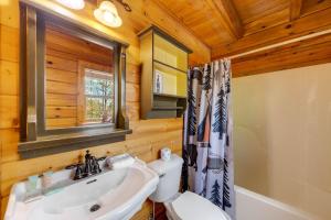 a bathroom with a sink and a toilet and a mirror at High Cotton Epic Views Hot Tub Pool Table in Sevierville +41 photos