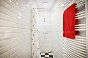 エゲルにあるEnjoy Apartman Egerのバスルーム(シャワー、赤いタオル付)