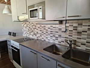 a kitchen with a sink and a microwave at Spacious Apartment for 5 in Sodankylä