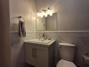 a bathroom with a sink and a toilet and a mirror at Pams Lodge Barbados in Christ Church +19 photos