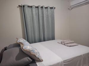 a bed with two pillows and a curtain in a room at Pams Lodge Barbados in Christ Church