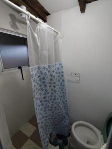 een badkamer met toilet en douchegordijn bij Studio Apartamento in Capão da Canoa