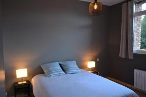 una camera da letto con un letto con cuscini blu e 2 lampade di Gite Clémentine a Baromesnil