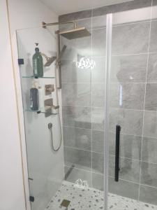 een douche met een glazen deur in een badkamer bij Modern Basement Suite • King Bed & 100” TV in Shrewsbury