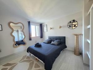 een slaapkamer met een groot bed en een spiegel bij Appartement moderne, Centre Perpignan in Perpignan