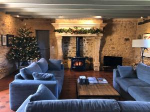 ein Wohnzimmer mit blauen Sofas und einem Weihnachtsbaum in der Unterkunft Charming Houses With Pool In Perigord in Sainte-Croix-de-Beaumont