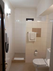 ein Badezimmer mit Toilette und Dusche mit Handtüchern in der Unterkunft Hotel Majestic City Center in Iaşi