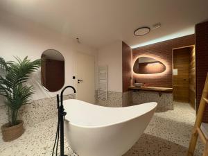 een badkamer met een bad en een potplant bij Le lofty in Stoumont +18 foto's