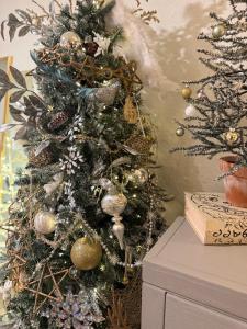 Un albero di Natale con sopra decorazioni natalizie di The Wing - luxurious king suite tiny studio home! a Eureka Springs