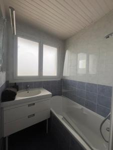 une salle de bain avec une baignoire et un lavabo et une baignoire tubermottermott dans l'établissement Auxerre City Center Spacious 2-bedroom - Chez Margaret, à Auxerre