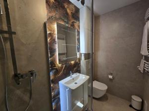 een badkamer met wastafel, douche en toilet bij Studio Małgosia in Busko-Zdrój