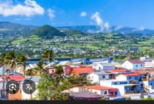 a city with houses and mountains in the background at maison dans le quartier de terre sainte elona in Saint-Pierre