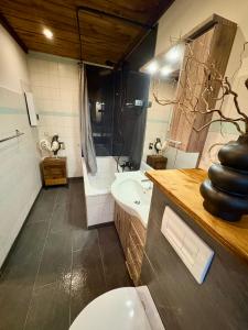 een badkamer met toilet, wastafel en bad bij Schnitterkaserne in Schaprode 7B in Schaprode +13 foto's