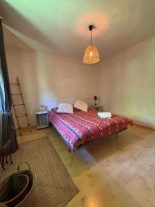 a bedroom with a bed in a room with a lamp at la maison de la Felicidad in Boussy
