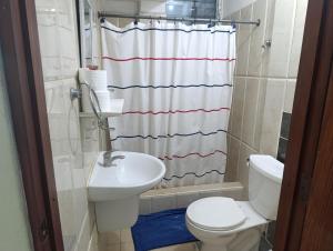 ein Badezimmer mit Toilette, Waschbecken und Dusche in der Unterkunft Hotel Don Michele in Boca Chica