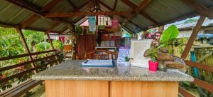 un bancone all'aperto in un giardino con un tavolo di Eashanti's Place a San Vicente Altre 70 foto