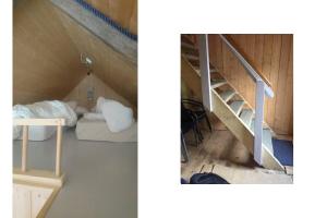 een kamer met een trap en een kamer met een bed bij Larsen Rorbu Lofoten in Napp