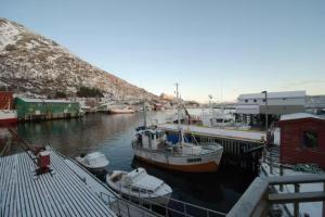 een paar boten aangemeerd bij een jachthaven bij Larsen Rorbu Lofoten in Napp +8 foto's