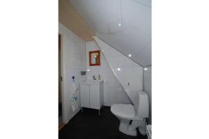 een witte badkamer met een toilet en een wastafel bij Larsen Rorbu Lofoten in Napp