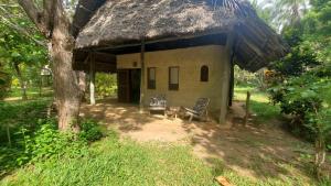 eine kleine Hütte mit Strohdach und einer Bank davor in der Unterkunft Eco Shamba Kilole Lodge in Utende