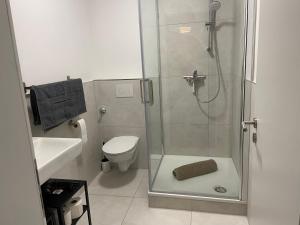 un bagno con doccia, WC e lavandino di Kaiserbrunnen Gastromeile, City, Messe & Stadionnah a Dortmund Altre 24 foto