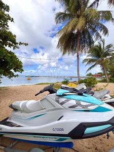een jetski geparkeerd op een strand met een palmboom bij Tika Bungalow - Grande Terrasse privée et Accès Plage à pied in Grand-Bourg