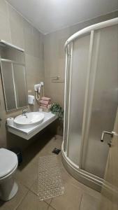 a bathroom with a shower and a sink and a toilet at Vera Solaris in Vrnjci +6 photos