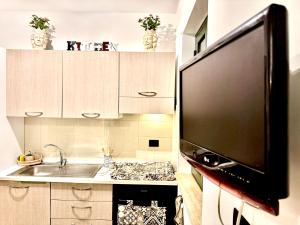 a kitchen with a sink and a flat screen tv at Pine Beach House - Villaggio Turistico con Piscina e Animazione in Campofelice di Roccella +43 photos