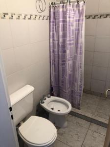 e bagno con servizi igienici e tenda da doccia viola. di Anisados 1 a Las Grutas