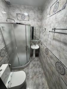 een badkamer met een douche, een toilet en een wastafel bij Vivid in Sergeli